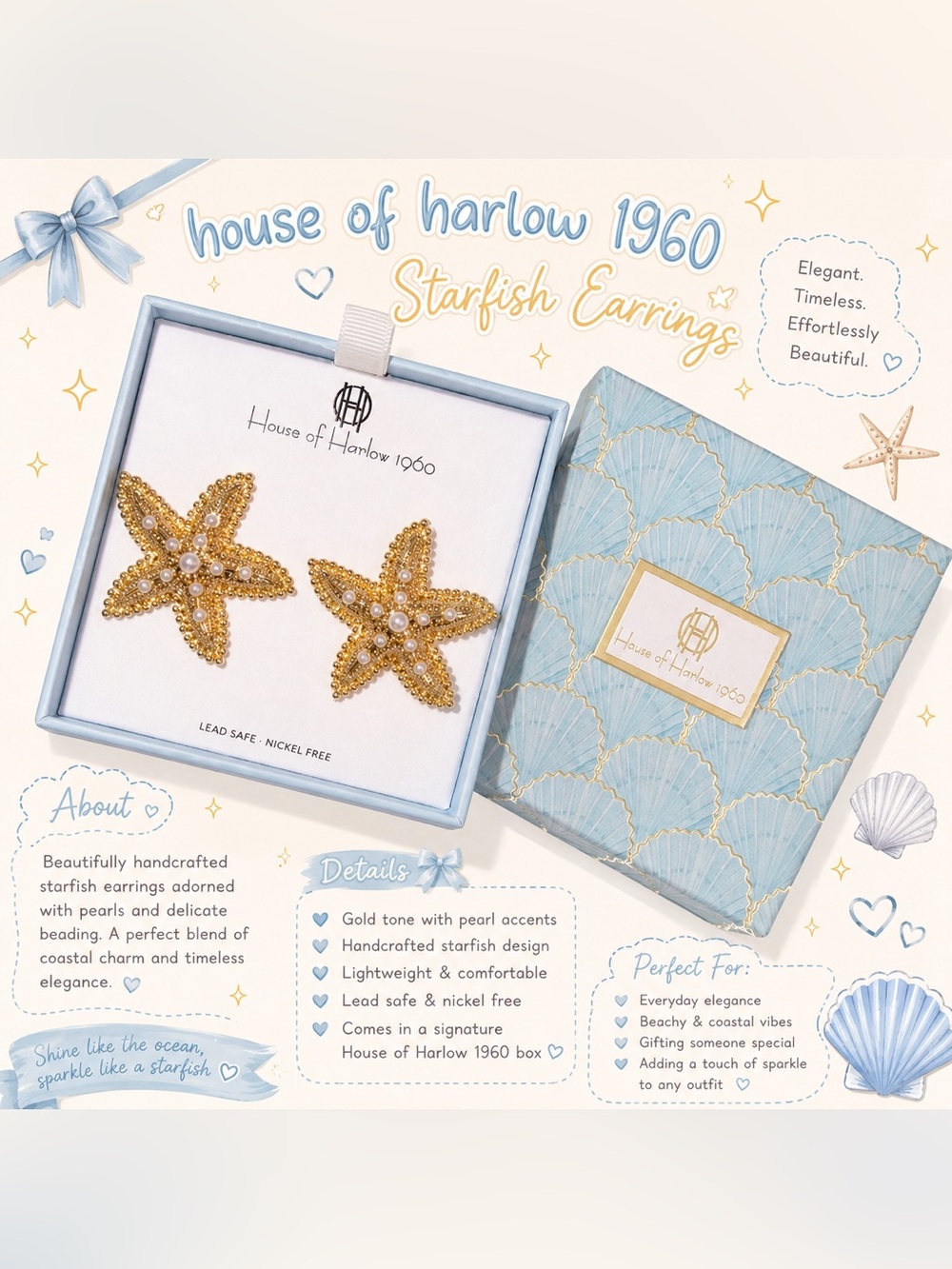 House of Harlow 1960 Gold Starfish Pearl Beaded Stud Earrings